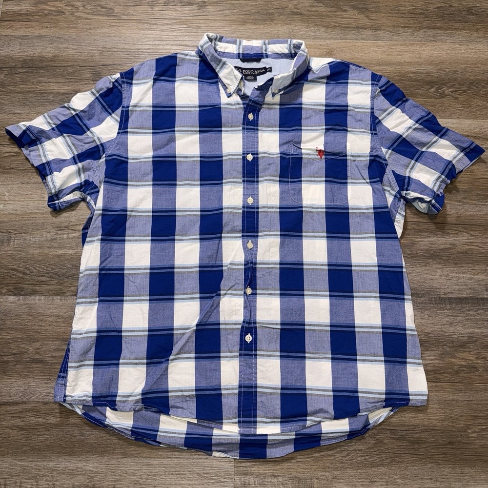 U.S. Polo Assn. Shirt Mens 2X-Large Short Sleeve Button-Up Blue White Plaid